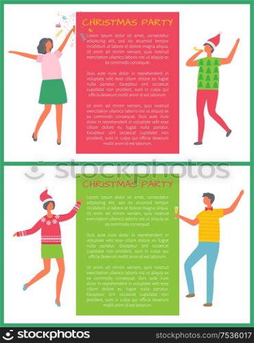 Christmas party, people celebrating New year holidays, frame with greeting text. Male and female in cartoon style wishes Merry Xmas, champagne and confetti. Christmas Party People Celebrate New Year holidays