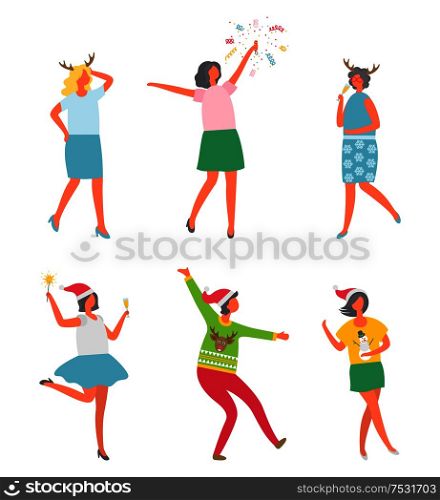 Christmas party, people celebrating New Years eve, reindeer and snowman prints vector. Woman company disco entertainment. Female with bengal light. Christmas Party, People Celebrating New Years Eve