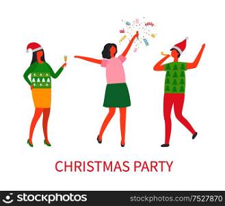 Christmas party people celebrating winter holiday vector. Man and woman with confetti, throwing ribbons up, people wearing warm knitted sweaters print. Christmas Party People Celebrating Winter Holiday