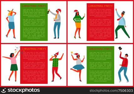 Christmas party, people celebrating winter holidays vector. Man holding champagne bottle, woman dancing and throwing confetti. Male with mistletoe hat. Christmas Party, People Celebrating Winter Holiday
