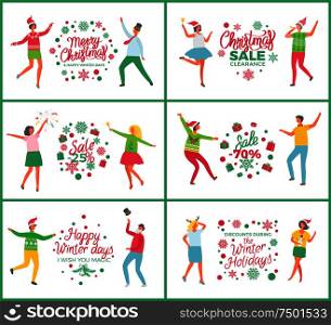 Christmas party people dancing and celebrating set vector. Happy new year winter holiday. Sale and discounts of shops, 25 percent off proposition. Christmas Party People Dancing and Celebrating