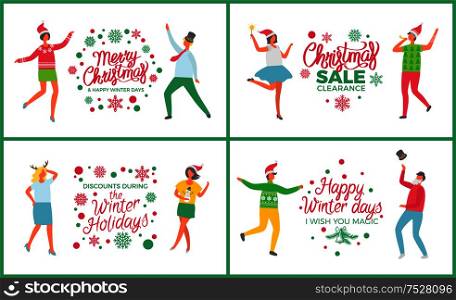 Christmas party people dancing and celebrating set vector. Happy new year winter holiday. Sale and discounts of shops, 25 percent off proposition. Christmas Party People Dancing and Celebrating