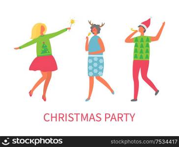 Christmas party people dancing together and drinking vector. Friends at disco, adults celebrating winter holiday in company alcoholic drink and dances. Christmas Party People Dancing Together Drinking
