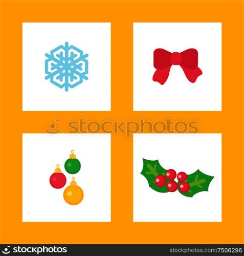 Christmas party people decoration. Three colored balloons and big red bow, blue snowflake and small berries with two green leaves vector illustration. Christmas Party People Balloons Decoration Vector