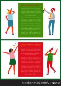 Christmas party people drinking and dancing set of posters with text vector. Man with bottle of alcoholic drink, greeting with new years approaching. Christmas Party People Drinking and Dancing Set
