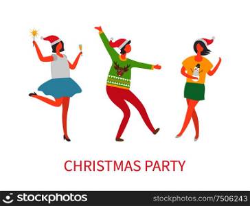 Christmas party people, friends dancing together vector. New year celebration, winter holidays event, xmas man and woman wearing sweaters and hats. Christmas Party People, Friends Dancing Together