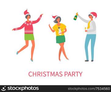 Christmas party people, friends drinking champagne at disco vector. Woman and man, wearing celebration hat, full of fun dancing and smiling adults. Christmas Party People, Friends Drinking Champagne