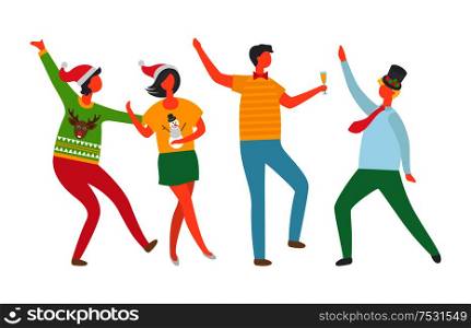Christmas party people, New Years Eve celebration vector. Man and woman dancing and drinking alcohol, champagne poured in glass. Tipsy happy crowd. Christmas Party People, New Years Eve Celebration