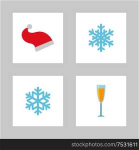 Christmas party postcard decoration. Santa Claus red hat and glass of champagne, two different blue snowflakes for winter holiday vector illustration. Christmas Champagne Paper Party Decoration Vector