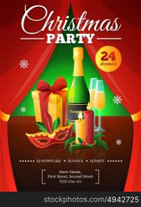 Christmas Party Poster. Christmas party invitation poster with red curtains present champagne mask candles and snowflakes flat vector illustration