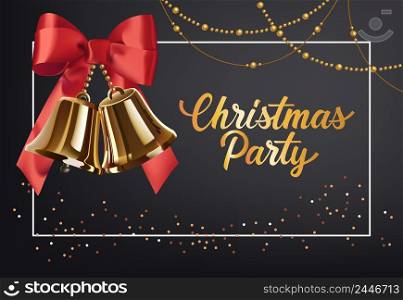 Christmas Party poster design. Gold jingles with red bow, chains, confetti and frame on black background. Template can be used for banners, flyers, invitations
