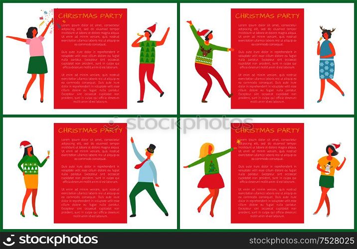 Christmas party posters set, people having fun together vector. New Years eve, celebration of man and woman. Drinking and dancing friends company. Christmas Party Posters Set People Having Fun