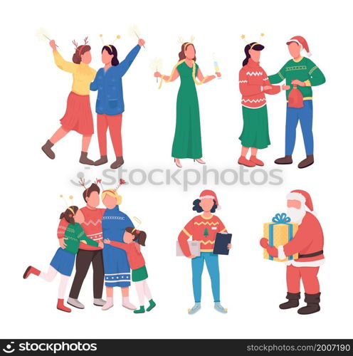 Christmas party semi flat color vector character set. Posing figures. Full body people on white. Friends isolated modern cartoon style illustration for graphic design and animation collection. Christmas party semi flat color vector character set