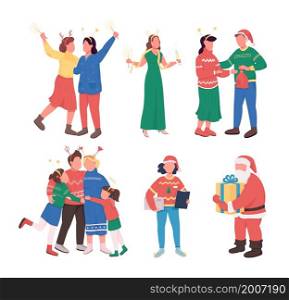 Christmas party semi flat color vector character set. Posing figures. Full body people on white. Friends isolated modern cartoon style illustration for graphic design and animation collection. Christmas party semi flat color vector character set