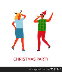 Christmas party, two business managers dancing at corporate fest celebrating New Year and Xmas holiday. Vector cartoon style man and woman isolated. Christmas Party, Two Business Managers Dancing