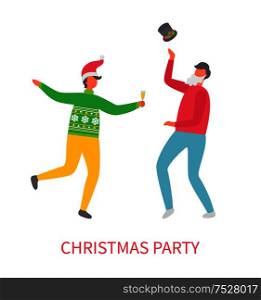 Christmas party, two cheerful and jumping men in red and green sweater and in blue and yellow trousers with hat and glass of champagne vector illustration. Christmas Party Men Joy and Celebration Vector