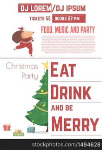 Christmas Party with DJ Music Performance Cartoon Vector Advertising Flyer, Promo Poster or Invitation Card Design Template. Christmas Gifts Under Decorated Spruce, Running Santa Claus Illustration