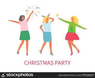 Christmas party woman company winter celebration vector. Friendship of ladies, female wearing funny reindeer horns, people with confetti and glass. Christmas Party Woman Company Winter Celebration