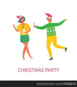 Christmas party, woman in skirt and sweater with snowman, man with glass of wine, Santa Claus hats on head. Vector people in flat design isolated icons. Christmas Party, Woman in Skirt, Man Glass of Wine