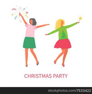 Christmas party, women in skirts and sweater with bang flapper. Confetti, vector female and party cracker exploding, flat design. Girls celebrating New Year. Christmas Party Women in Skirts Crackers Exploding