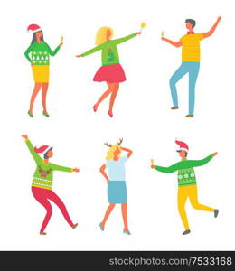 Christmas party, Xmas celebration happy New Year vector. People with champagne and bengal lights, dancers wearing Santa hat and knitted print sweaters. Christmas Party, Xmas Celebration Happy New Year