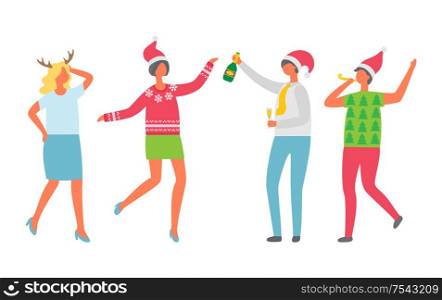Christmas partying people, dancing and drinking vector. New Year celebration of man holding bottle of champagne and woman wearing Santa Claus hat flat style. Christmas Partying People, Dancing and Drinking