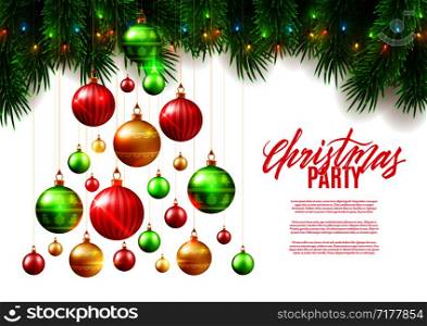 Christmas patry poster background design, decorative colorful balls, fir tree branches, vector illustration