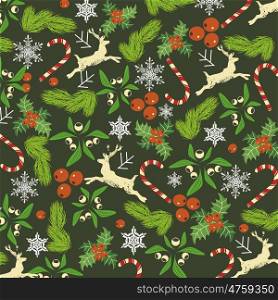 Christmas pattern, branches of holly and fir, deer, snowflakes and candy, vector background.
