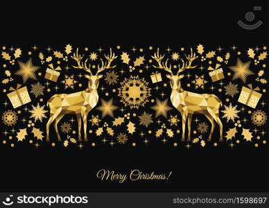 Christmas pattern. Golden tree decoration. Happy New Year background. Gold Xmas reindeer and snowflakes. Vector greeting card.