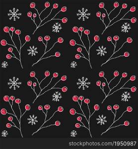 Christmas Pattern. Holly berries with snowflakes on black background, seamless patterns. Red, white, black. For fabric, wallpaper or packaging.