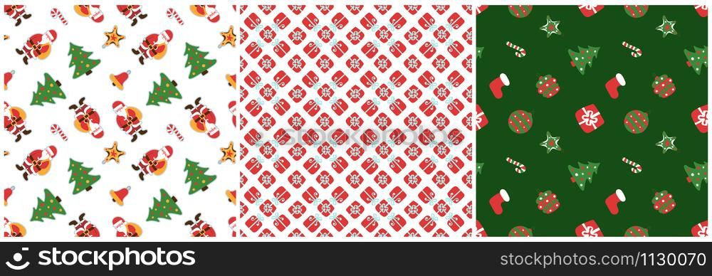 Christmas pattern. Winter holiday wallpaper. Seamless texture for the New Year. Santa Claus with a bag of gifts. Christmas decorations