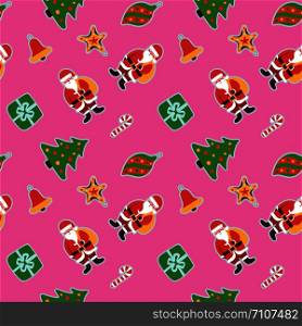 Christmas pattern. Winter holiday wallpaper. Seamless texture for the New Year. Santa Claus with a bag of gifts. Christmas decorations on the tree. Sticks and bells