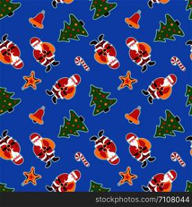 Christmas pattern. Winter holiday wallpaper. Seamless texture for the New Year. Santa Claus with a bag of gifts. Christmas decorations on the tree. Stick, bell and balls
