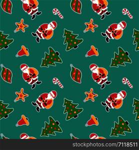 Christmas pattern. Winter holiday wallpaper. Seamless texture for the New Year. Santa Claus with a bag of gifts. Christmas decorations on the tree. Walking stick, bell and balls
