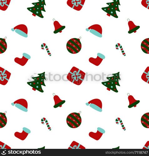 Christmas pattern. Winter holiday wallpaper. Seamless texture for the New Year. Santa Claus cap, tree, bag, gift, stick, bell and balls