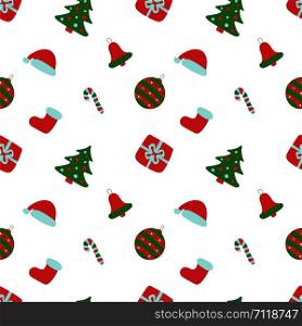 Christmas pattern. Winter holiday wallpaper. Seamless texture for the New Year. Santa Claus cap, tree, bag, gift, stick, bell and balls
