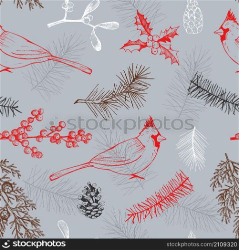 Christmas pattern with birds and Christmas plants. Vector hand-drawn illustration.. Christmas background with birds