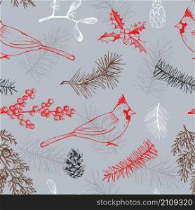 Christmas pattern with birds and Christmas plants. Vector hand-drawn illustration.. Christmas background with birds