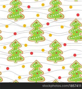 Christmas pattern with decorated Christmas trees and confetti vector illustration. Festive background with gingerbread and thread. Template for gift wrapping, fabric, wallpaper and banner.. Christmas pattern with decorated Christmas trees and confetti vector illustration.