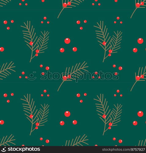 Christmas pattern with fir juniper branches on green background.