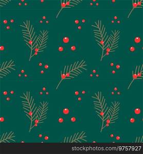 Christmas pattern with fir juniper branches on green background.