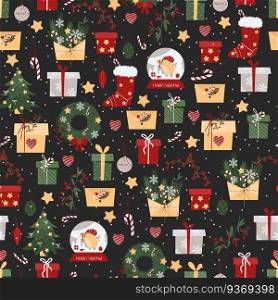 Christmas pattern with gifts, envelopes, socks, sweets on a dark background. Christmas tree. New year seamless background with festive elements