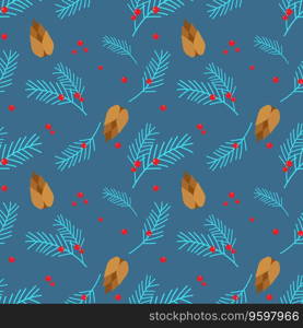 Christmas pattern with juniper branches and fir tree with berries and cones. Blue background.