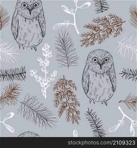 Christmas pattern with owl and Christmas plants. Vector hand-drawn illustration.. Christmas background with birds