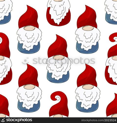 Christmas pattern with scandinavian gnomes. Hand draw style. Can be used for fabric and etc. Christmas pattern with scandinavian gnomes in hand draw style