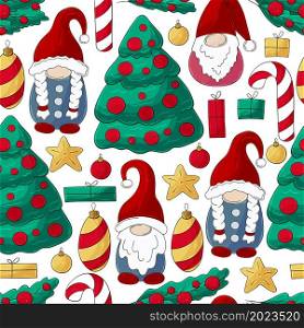 Christmas pattern with scandinavian gnomes in hand draw style. Can be used for fabric, packaging, wrapping paper and etc. Christmas pattern with scandinavian gnomes in hand draw style