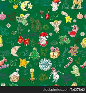 christmas pattern with toys and season greetings icons on a green background, childlike drawn wallpaper