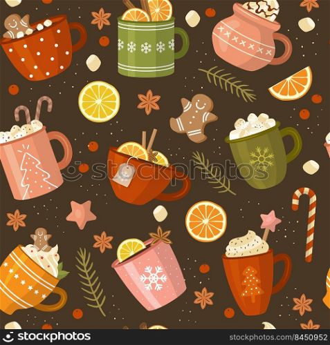 Christmas pattern. Xmas cups with beverage hot drinks coffee and tea recent vector seamless background. Illustration of christmas cup pattern seamless. Christmas pattern. Xmas cups with beverage hot drinks coffee and tea recent vector seamless background
