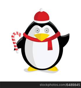 Christmas penguin vector illustration. Flat design. Funny penguin in Santa hat, scarf and with candy cartoon. Winter holidays celebrating. For children s books, greeting cards illustrating. On white. Christmas Penguin Vector Flat Design Illustration . Christmas Penguin Vector Flat Design Illustration