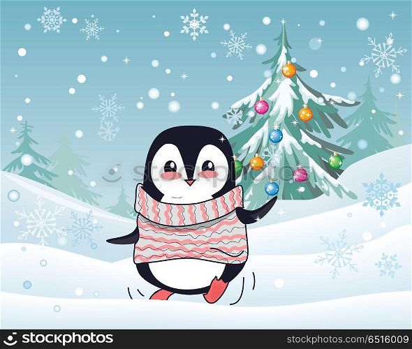 Christmas penguin vector illustration. Flat design. Funny penguin warn sweater dancing on snow in snowfall near christmas tree hung with color ball toys. Winter holidays mood. For greeting card design. Christmas Penguin Flat Design Vector Illustration . Christmas Penguin Flat Design Vector Illustration